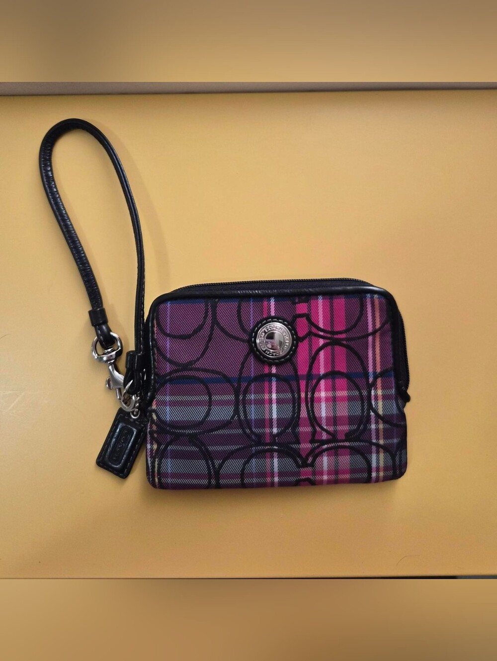 Coach Poppy Purple & Pink Plaid Wristlet with Black C Logo Pattern